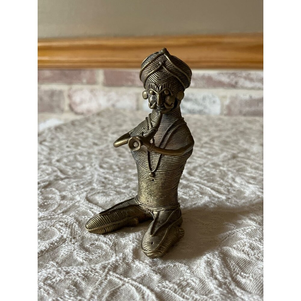 Brass Indian Musician Figurine Playing Flute Intricate Details & Antique Finish